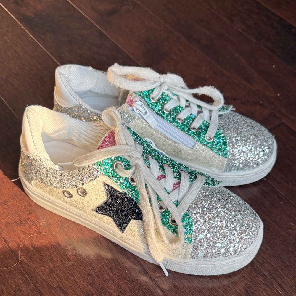 Lola + The Boys Silver and Green Glitter Sneakers